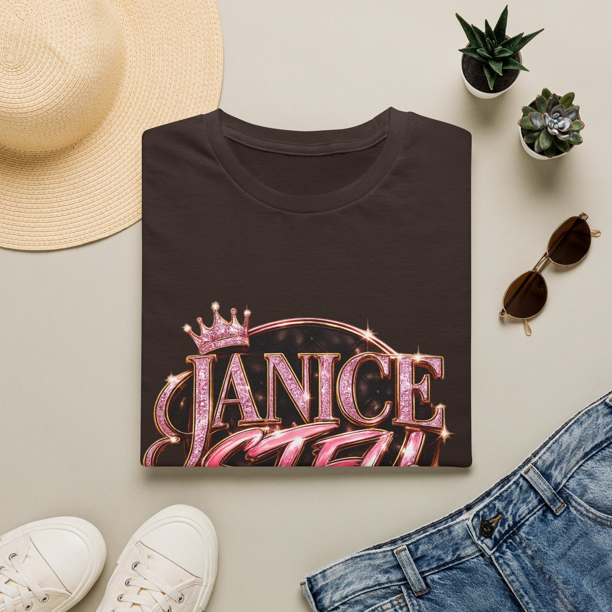 Janice Stfu  Styled Graphic T-Shirt — Pink Crowned Name Design